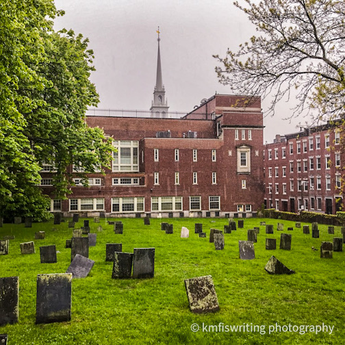 Historic Copp's Hill Burial Ground in Boston Mass with church steeple in the background