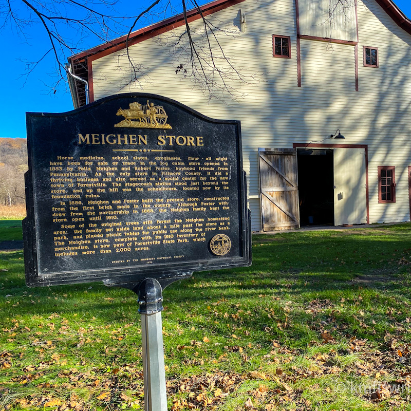 Sign and barn at historic state park Meighen Store