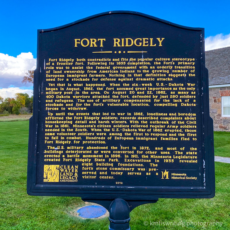 History of Fort Ridgley State Park in Fairfax best state park for history in Minnesota sign