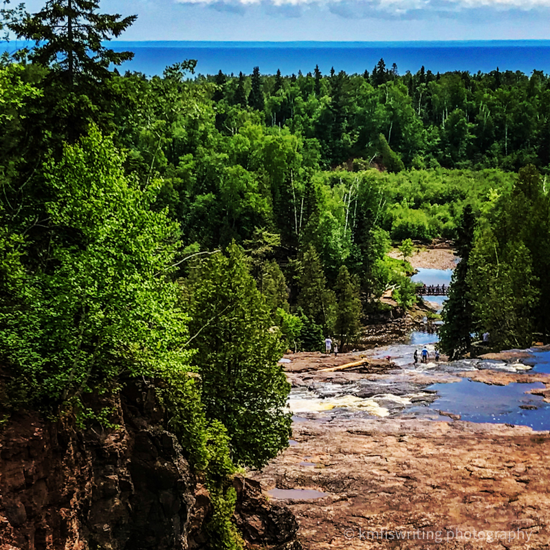 Gooseberry Falls State Park scenic view from Highway 61 overlooking waterfalls, river valley and Lake Superior